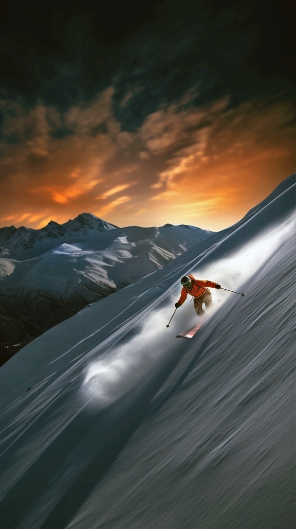 Extreme skier skiing on snowy slope at majestic sunset