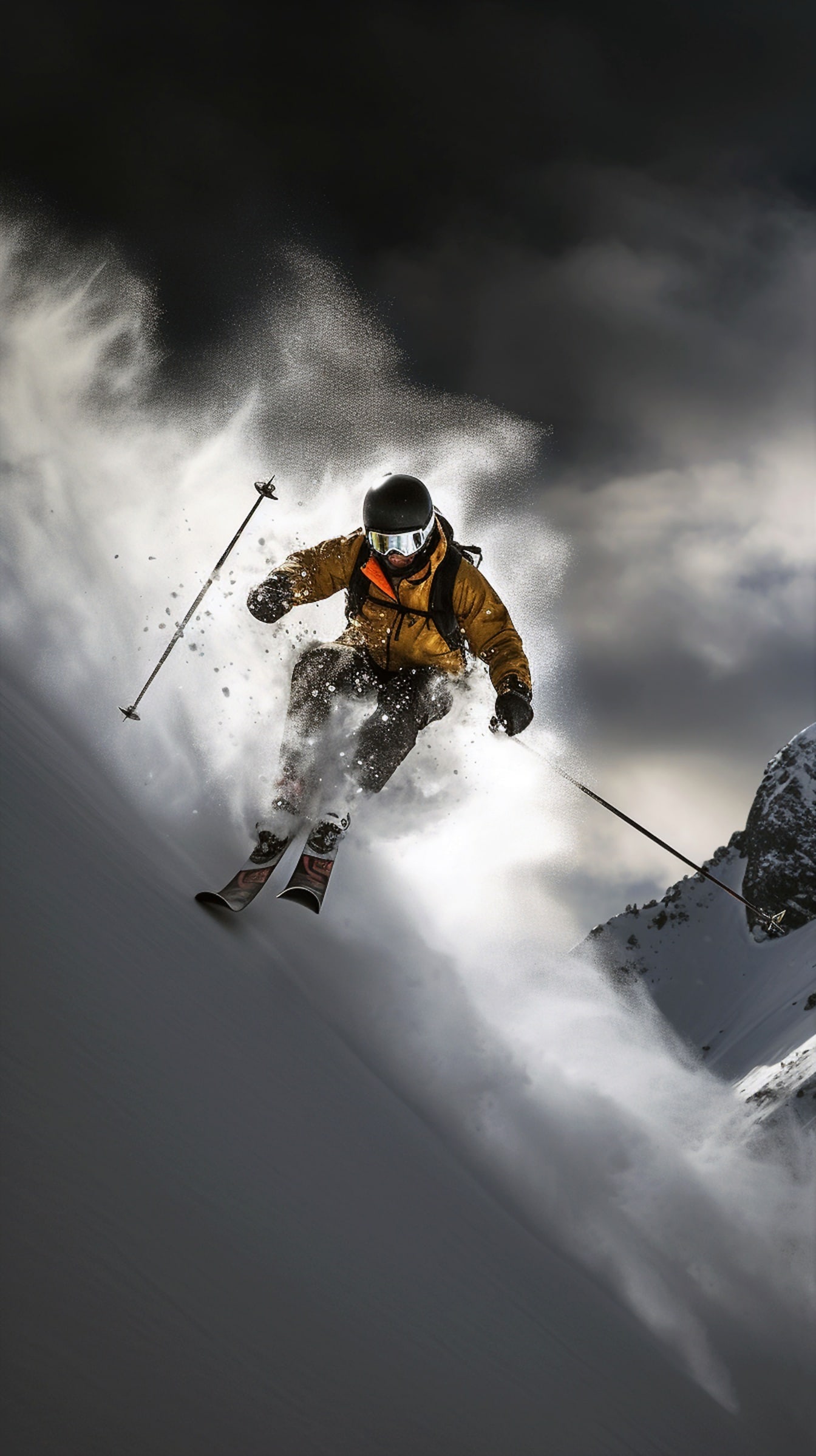 Extrémní sportovní lyžař ve sněhovém prachu