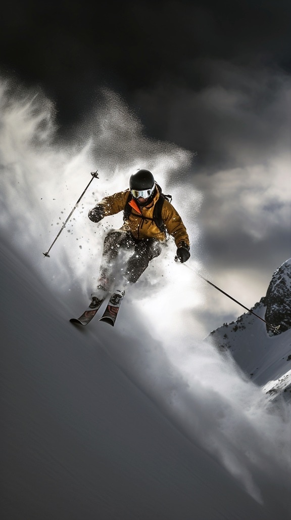 esqui, desporto, extremo, esquiador, poeira, neve, homem