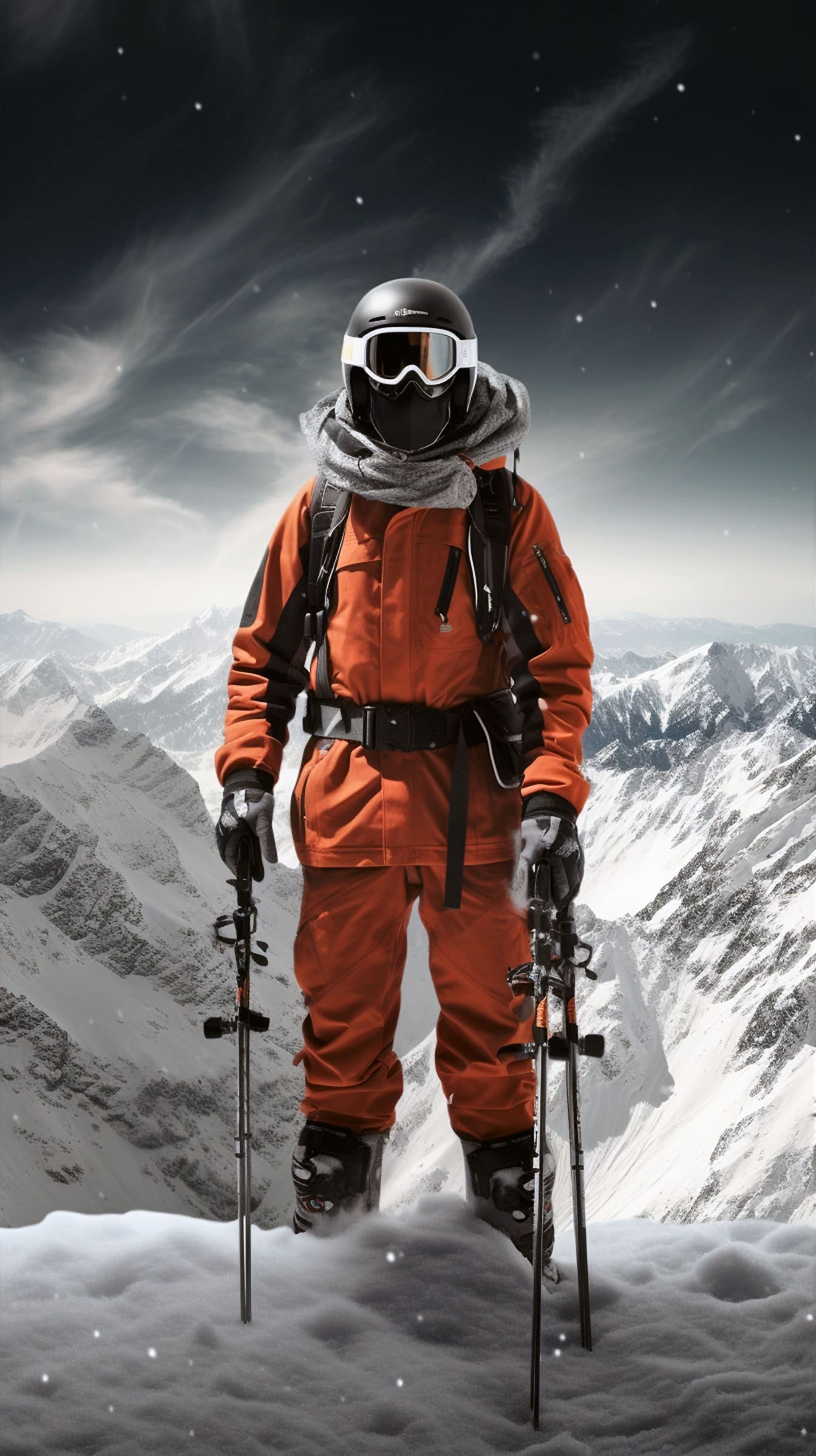 Екстремен планински катерач скиор, стоящ на върха на планински връх