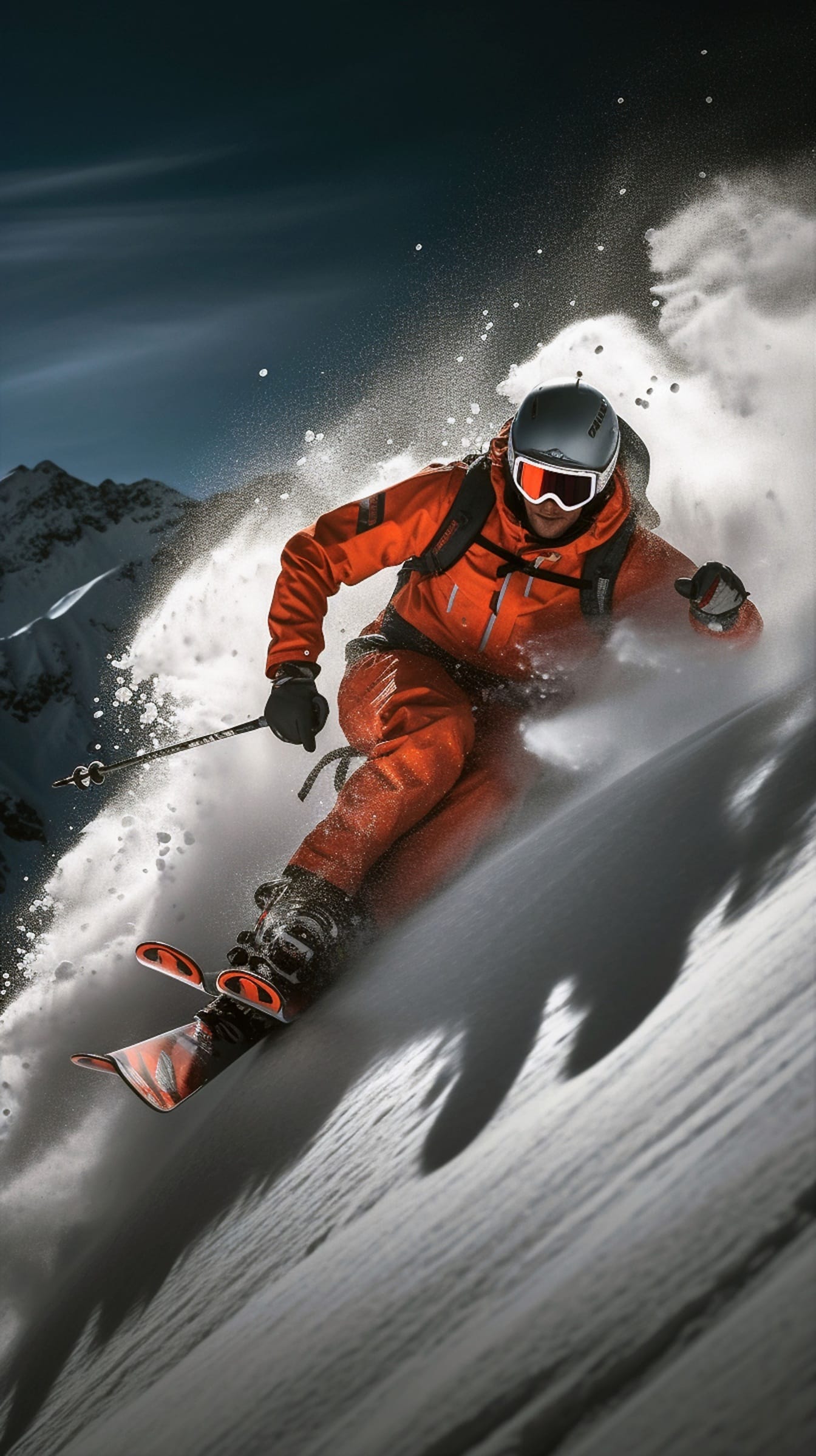 Extreme skier skiing on snowy mountain slope