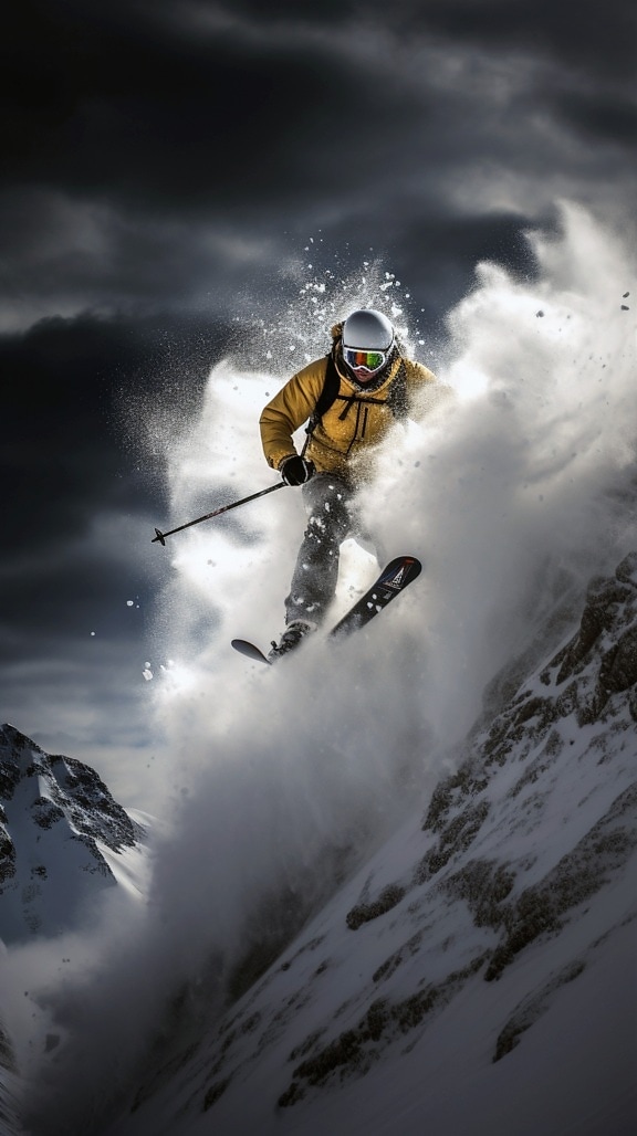 Skier in yellowish brown jacket jumping from snowy cliff