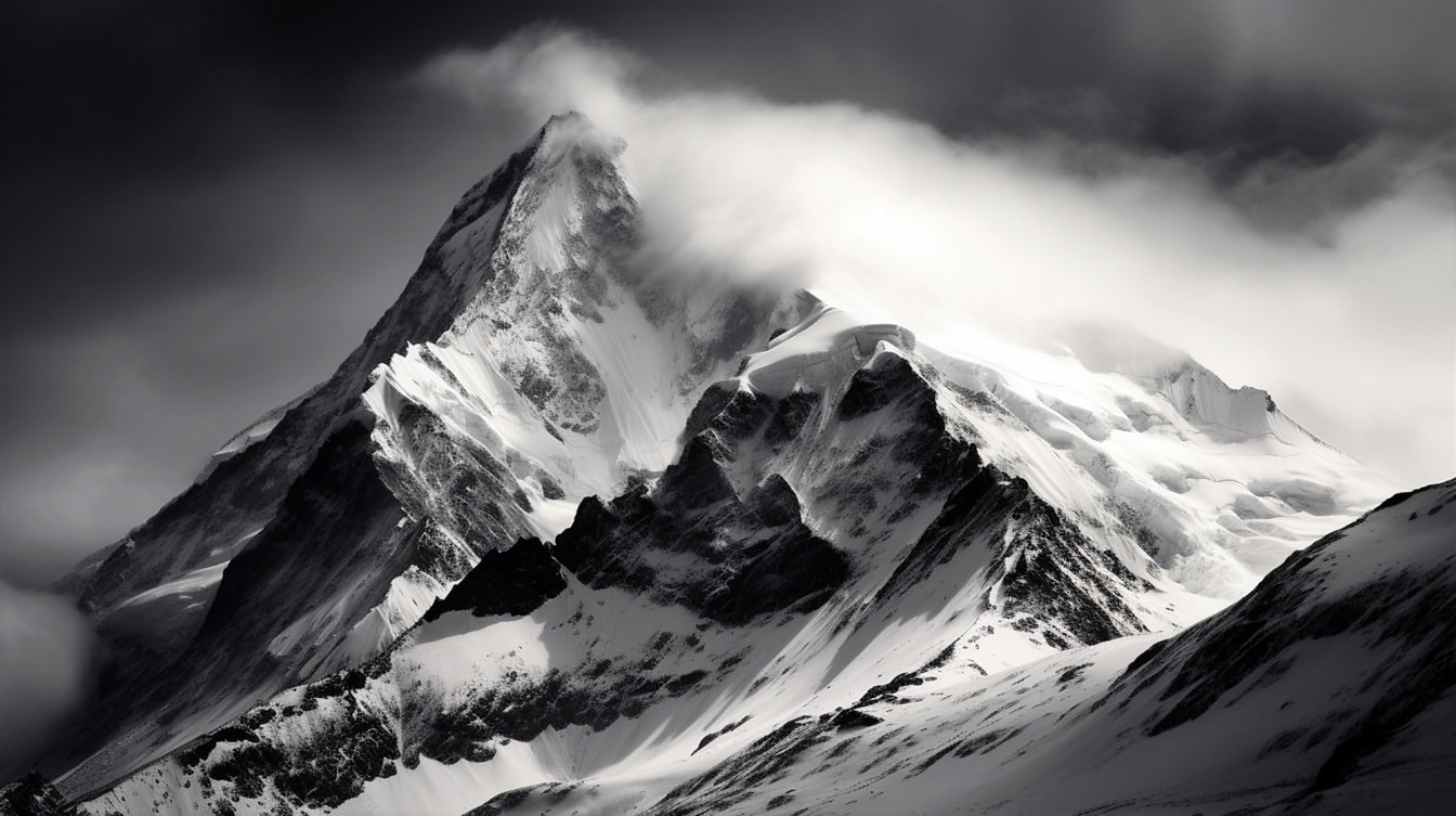 Picco di montagna innevato in nuvole foto in bianco e nero a contrasto