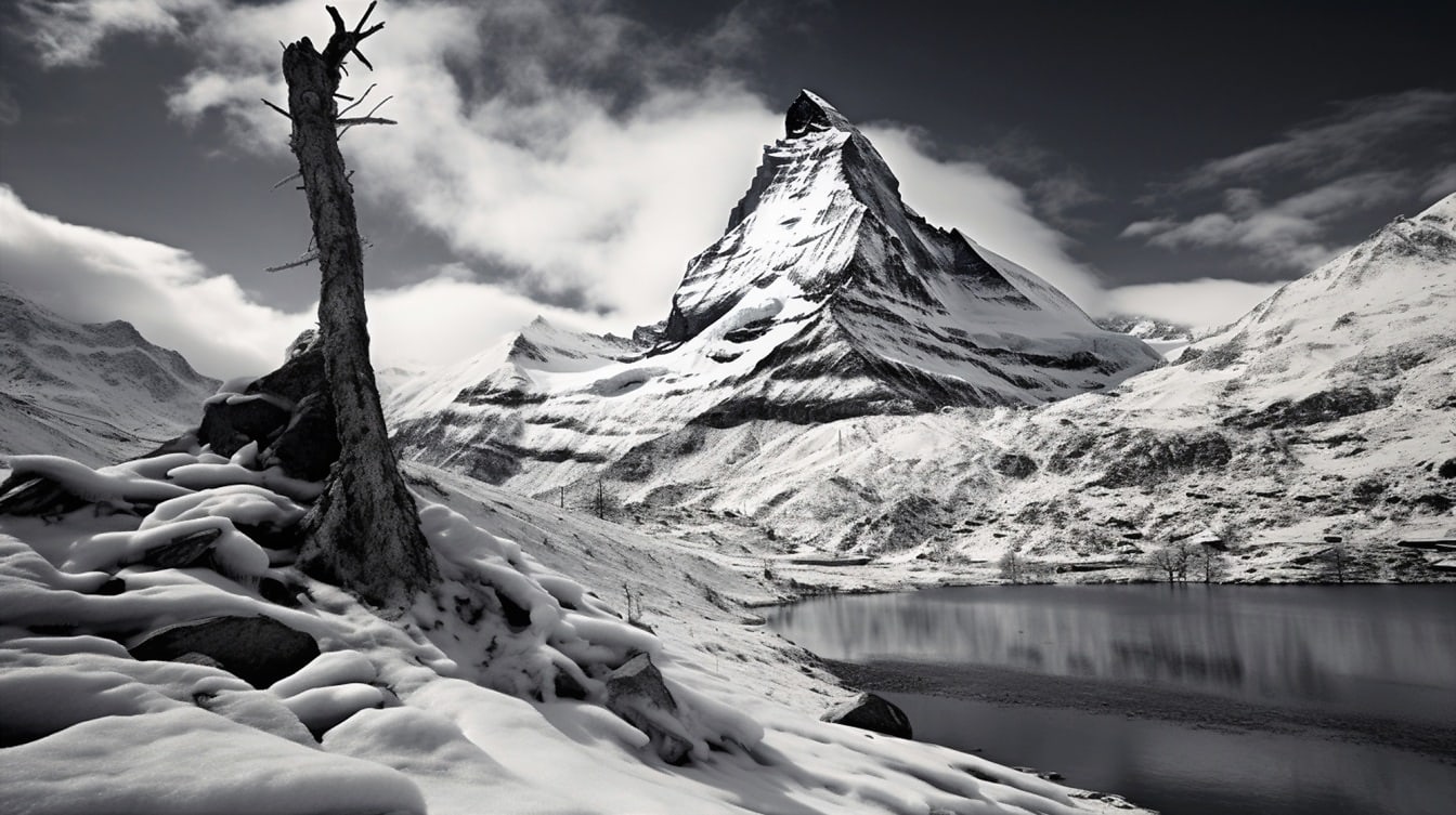 山の湖と雪に覆われた山のピーク、モノクロ写真