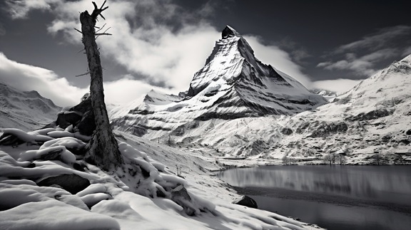 pico de montanha, nevado, montanha, lago, foto, preto e branco, preto e branco