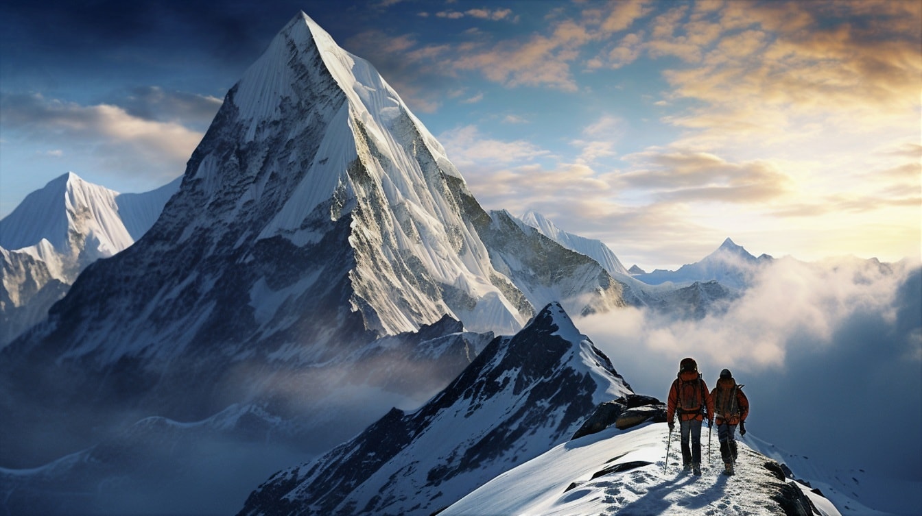 Vuorikiipeilijä kävelee lumisella vuorenhuipulla