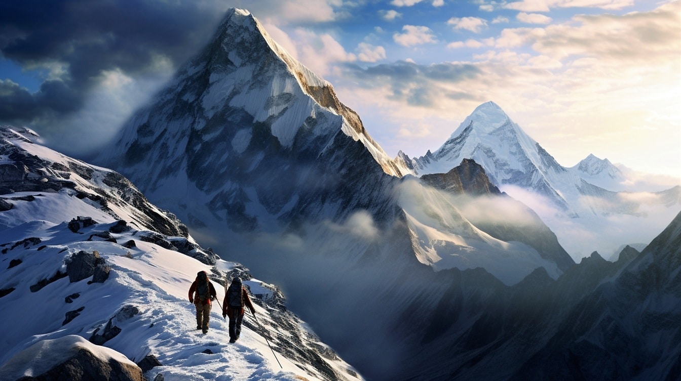 Extrémní horolezectví na vrcholu zasněžené hory