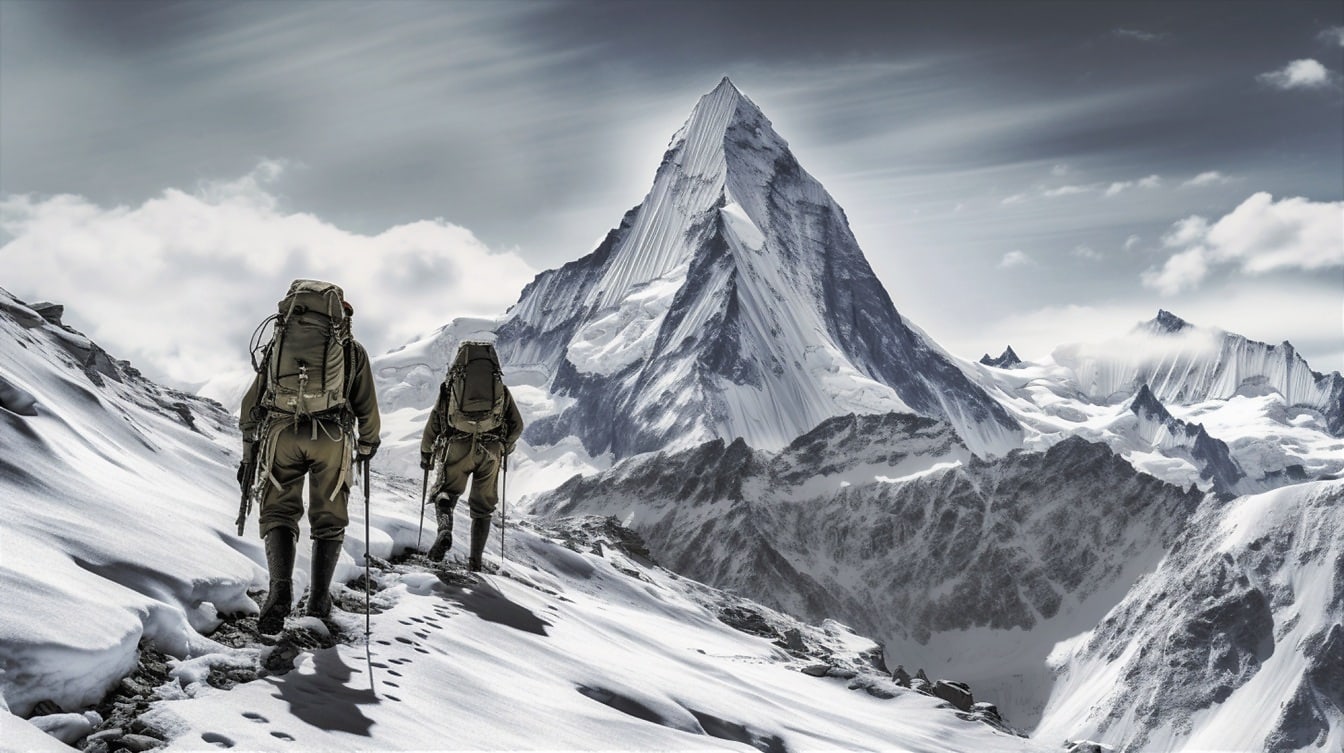 Två ryggsäcksbergsklättrare på snöigt berg