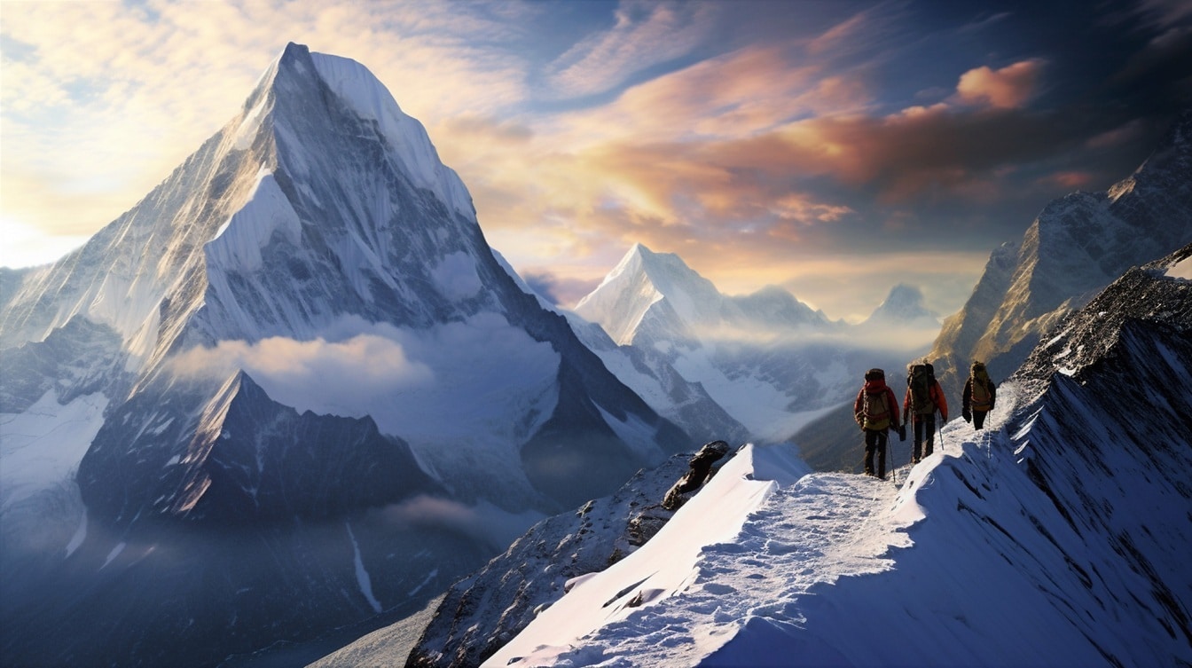 Three mountain climbers at snowy mountain peak