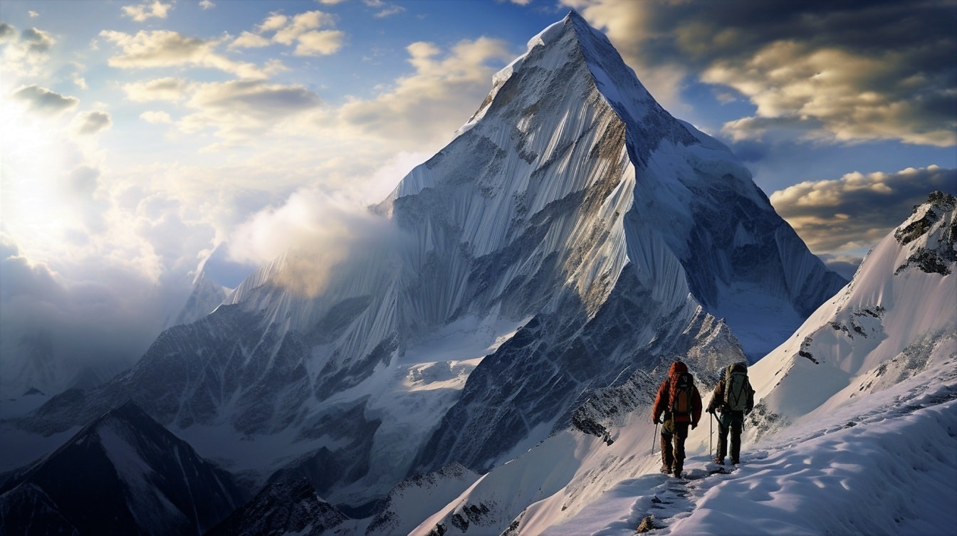 Horolezci na hoře s majestátním panoramatickým výhledem