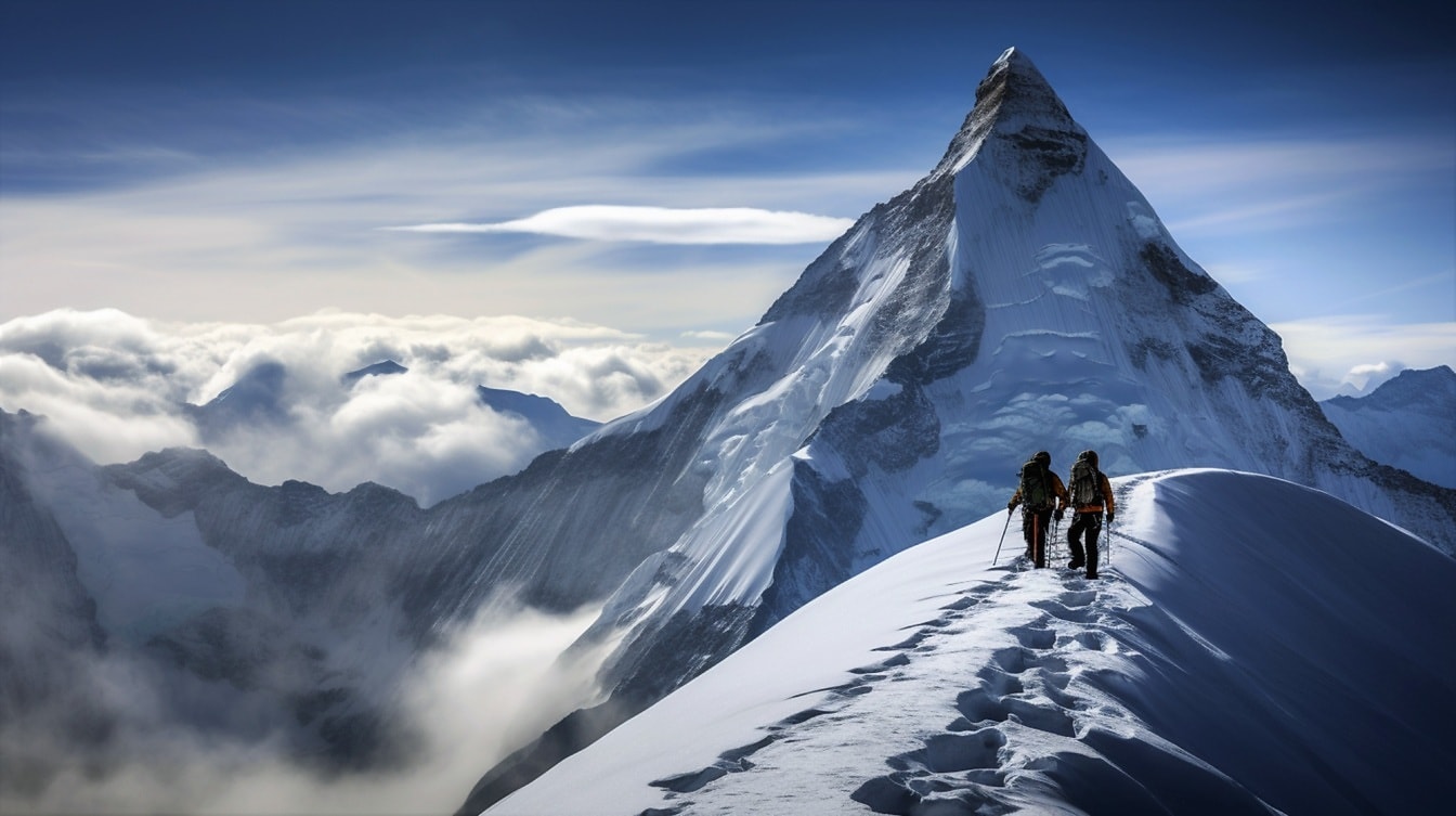 Karlı dağın yamacında yürüyen kayakçı dağcılar