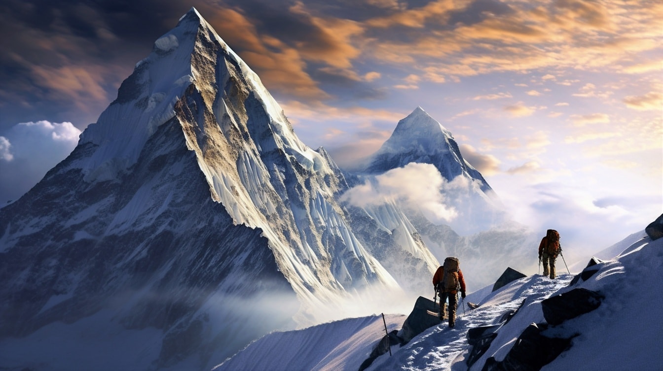 Alpiniști extremi care urcă pe vârful înzăpezit al muntelui