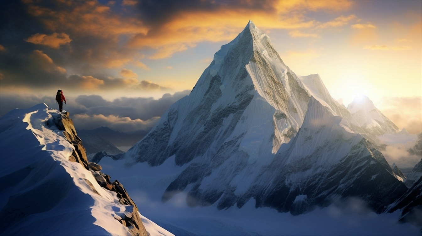 Panoramautsikt på majestätisk snöig bergstopp i skymningen