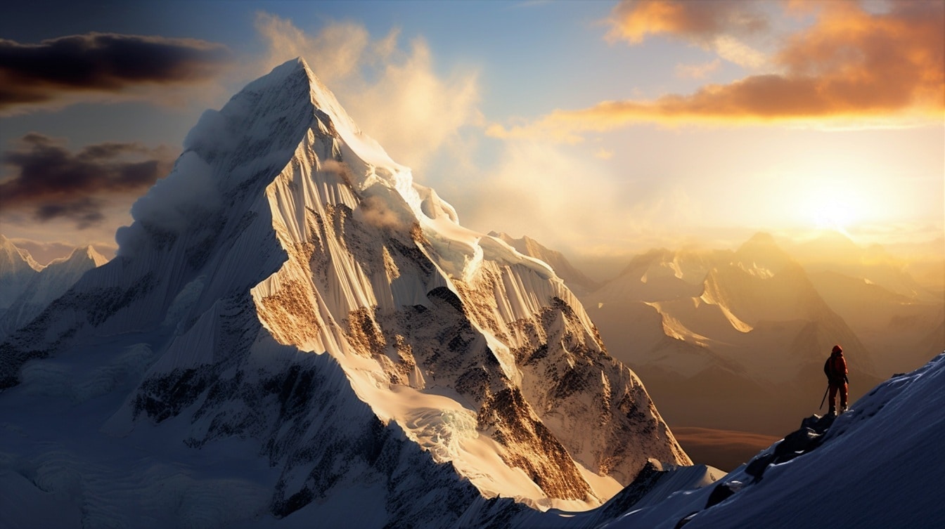 Majestikin auringonlasku vuorenhuipulla vuorikiipeilijä huipulla