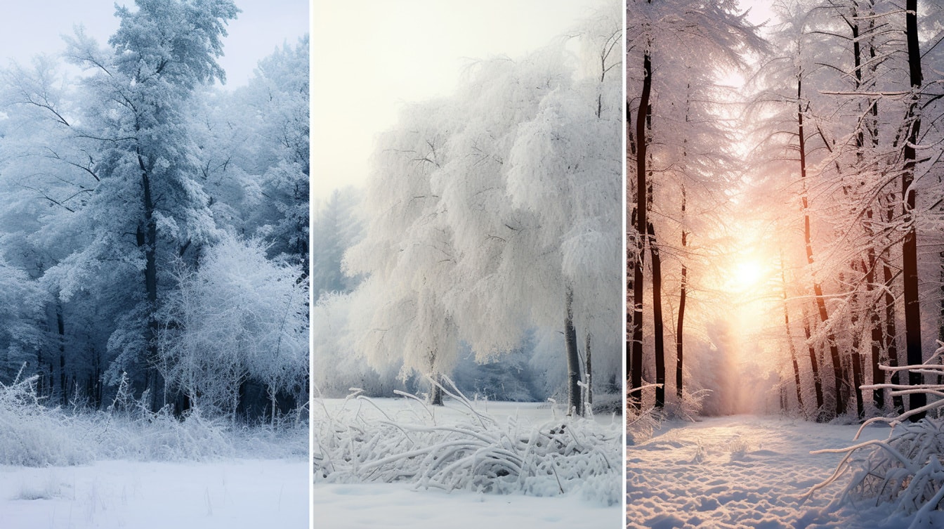 Collage di fotomontaggi di tre illustrazioni invernali innevate