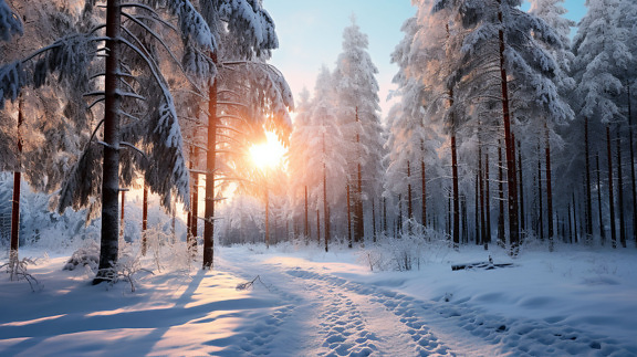 Μαγευτικές ακτίνες του ήλιου κατά την ανατολή του ηλίου στο χιονισμένο δάσος