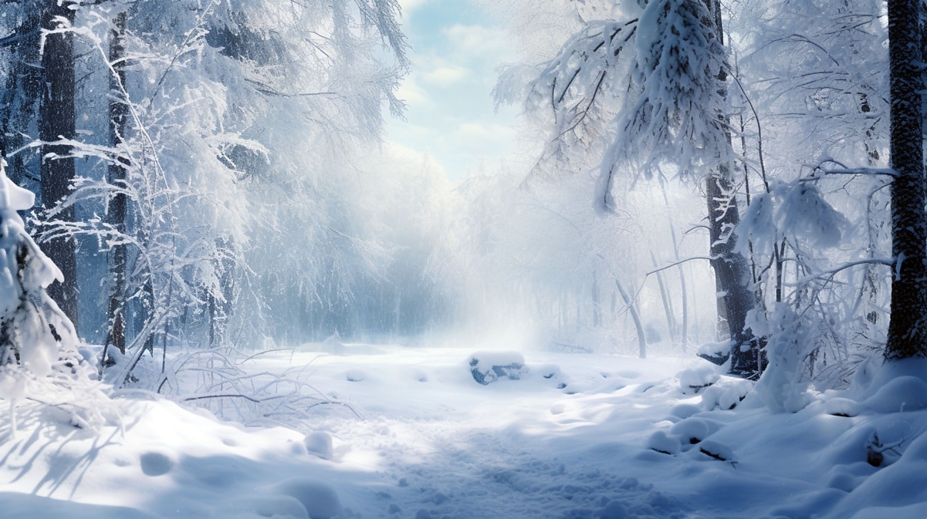 Απεικόνιση χιονιού σε φωτεινό χιονισμένο δάσος