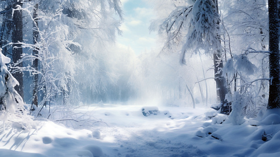 Illustration of snowing in bright snowy woodland