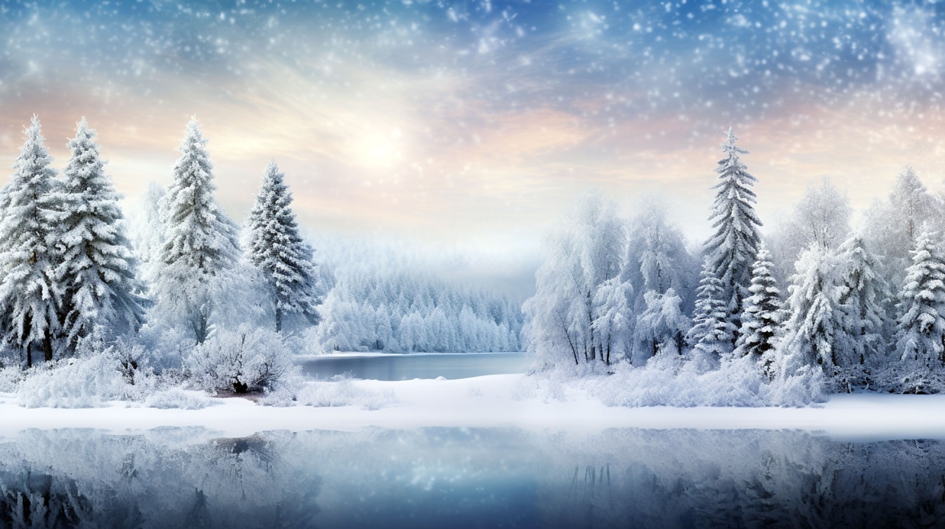 Majestic winter illustration of snowy forest lakeside