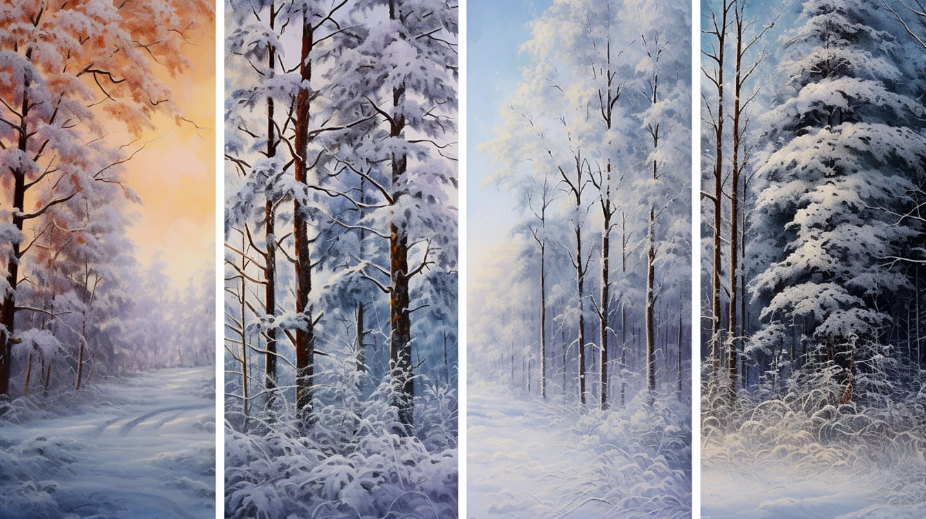 Fotomontasjecollage av snødekt vinterskoglandskap