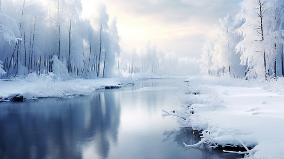 Abbildung, schneebedeckt, neblig, Wald, Flussufer, Landschaft, Struktur