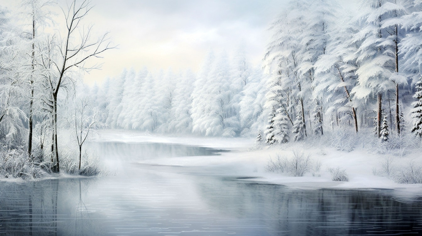 Illustration eines zugefrorenen Seeufers mit verschneitem Wald