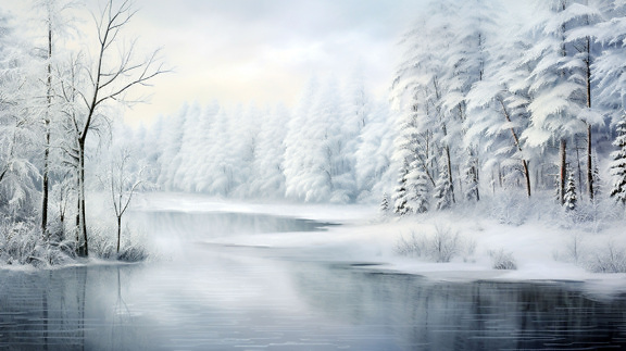 Illustration of frozen lakeside with snowy forest