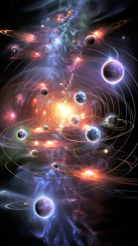 Futuristic abstract solar system astrology graphic with Sun