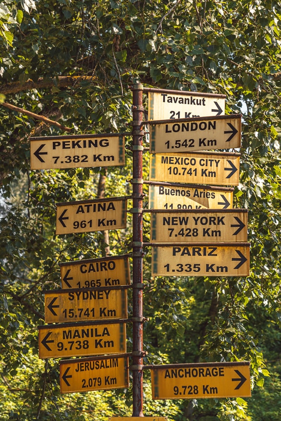 Yellowish signpost with direction and distance information