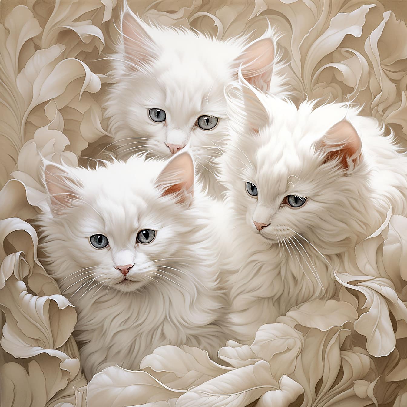 Tiga anak kucing putih berbulu menggemaskan ilustrasi gaya barok