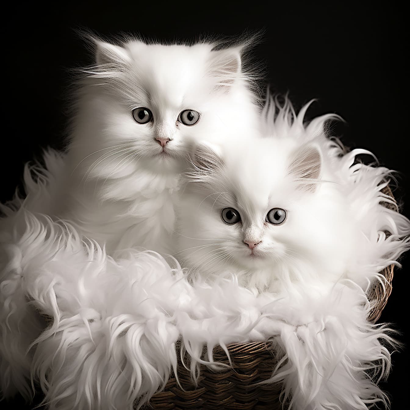 Gatinhos peludos brancos sentados na ilustração da cesta de vime