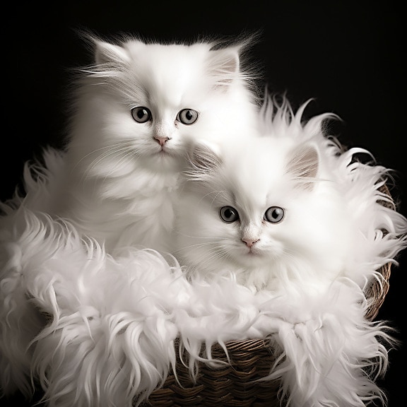 ลูกแมวขนยาวสีขาวนั่งอยู่ในตะกร้าหวายภาพประกอบ