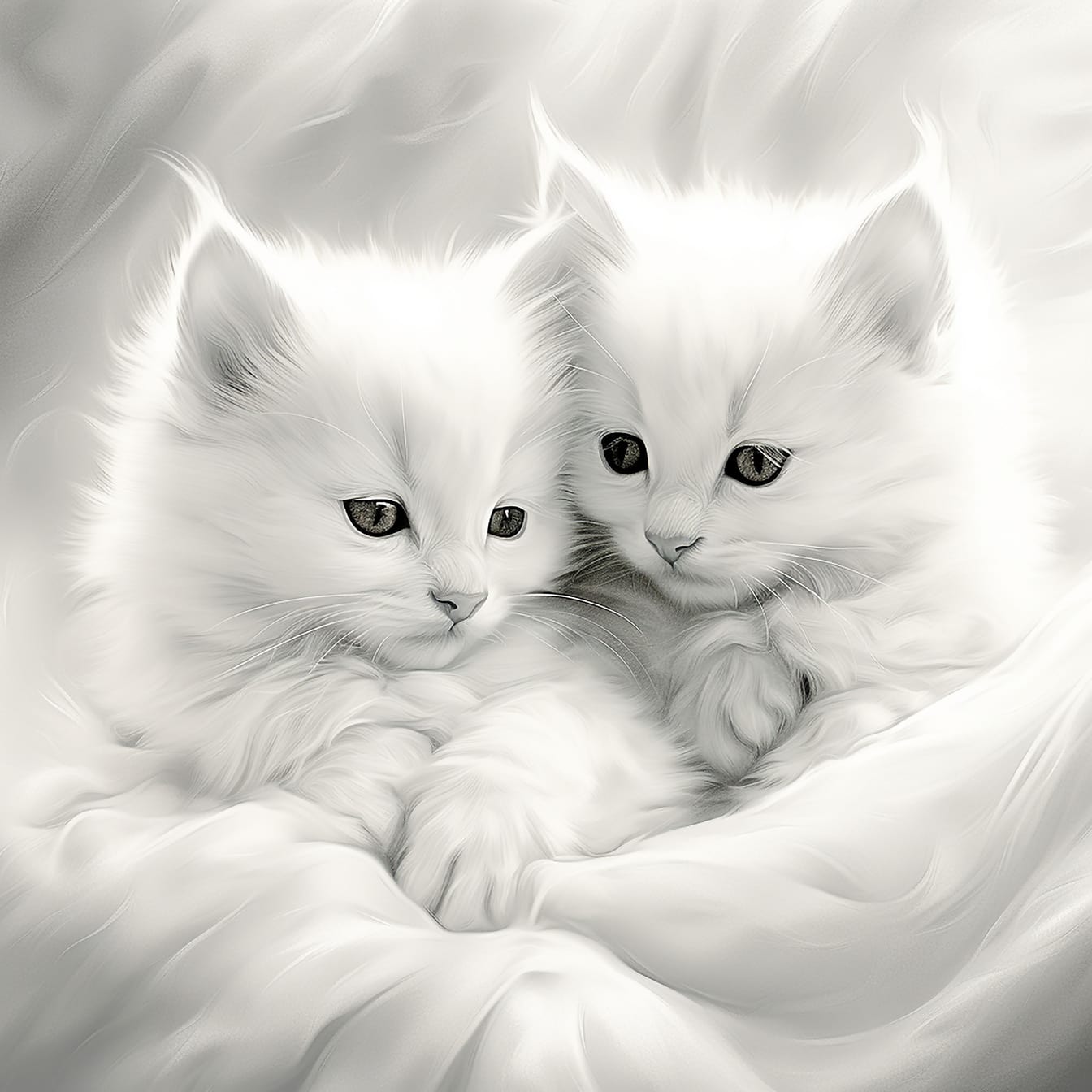 Monokrom illustration av lurviga vita kattungar närbild