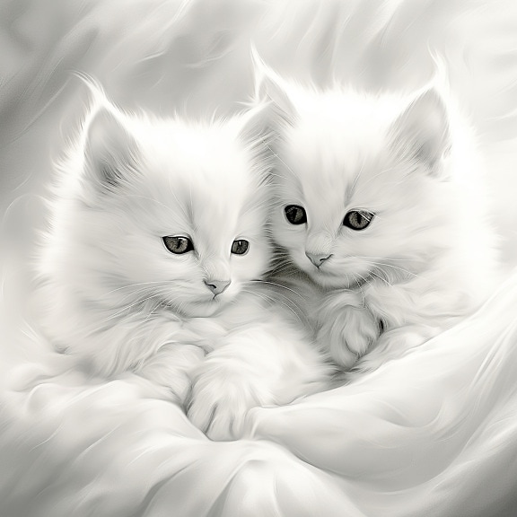 Monochrome illustration of furry white kittens close-up