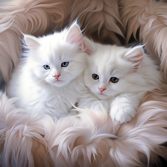 Realistic illustration of adorable white furry kittens