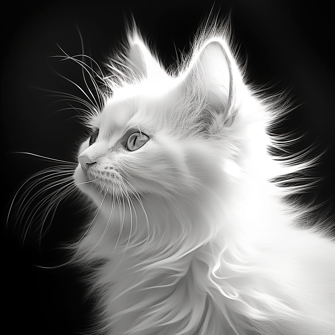 Svartvitt porträtt av vit lurvig inhemsk katt sidovy