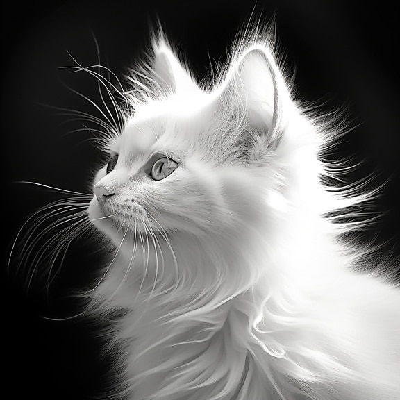Black and white portrait of white furry domestic cat side view