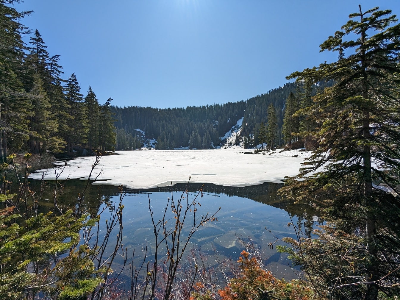Snowy lake with melting ice water on calm water level