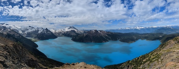 Dark blue turquoise Garibaldi lake in national park majestic panorama