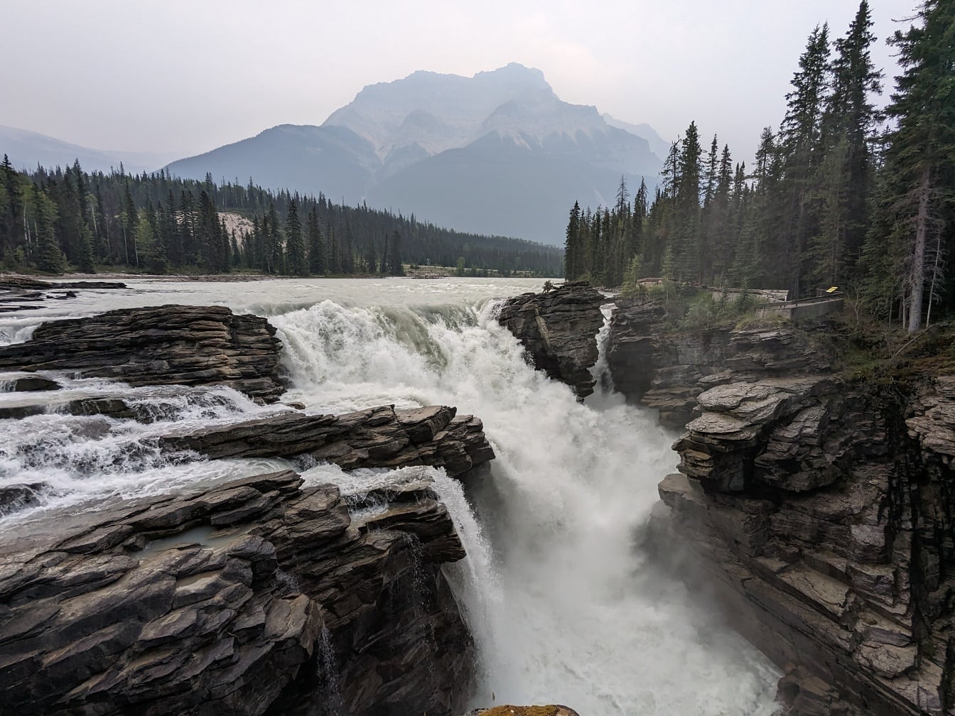 Vodopády Athabasca, skalnatá rieka v národnom parku Kanada