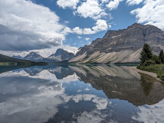 Bow lakeside with glacier mountain reflection on calm lake