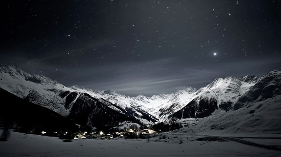 어두운, 밤, 산, 리조트 지역, 풍경, 슬로프, 눈 덮인