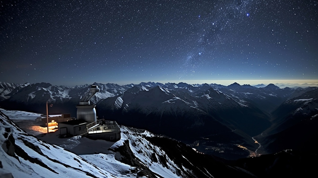 Galaksiteleskoopin observatorio vuorten huipulla yöllä