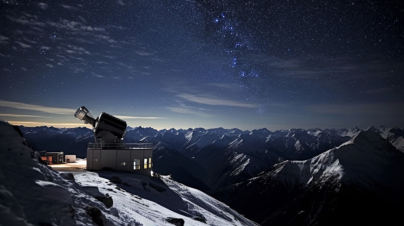 Observatorio en la cima de la montaña para observar el universo por la noche