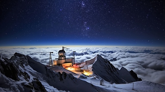 Exploration campsite at mountain peak at night