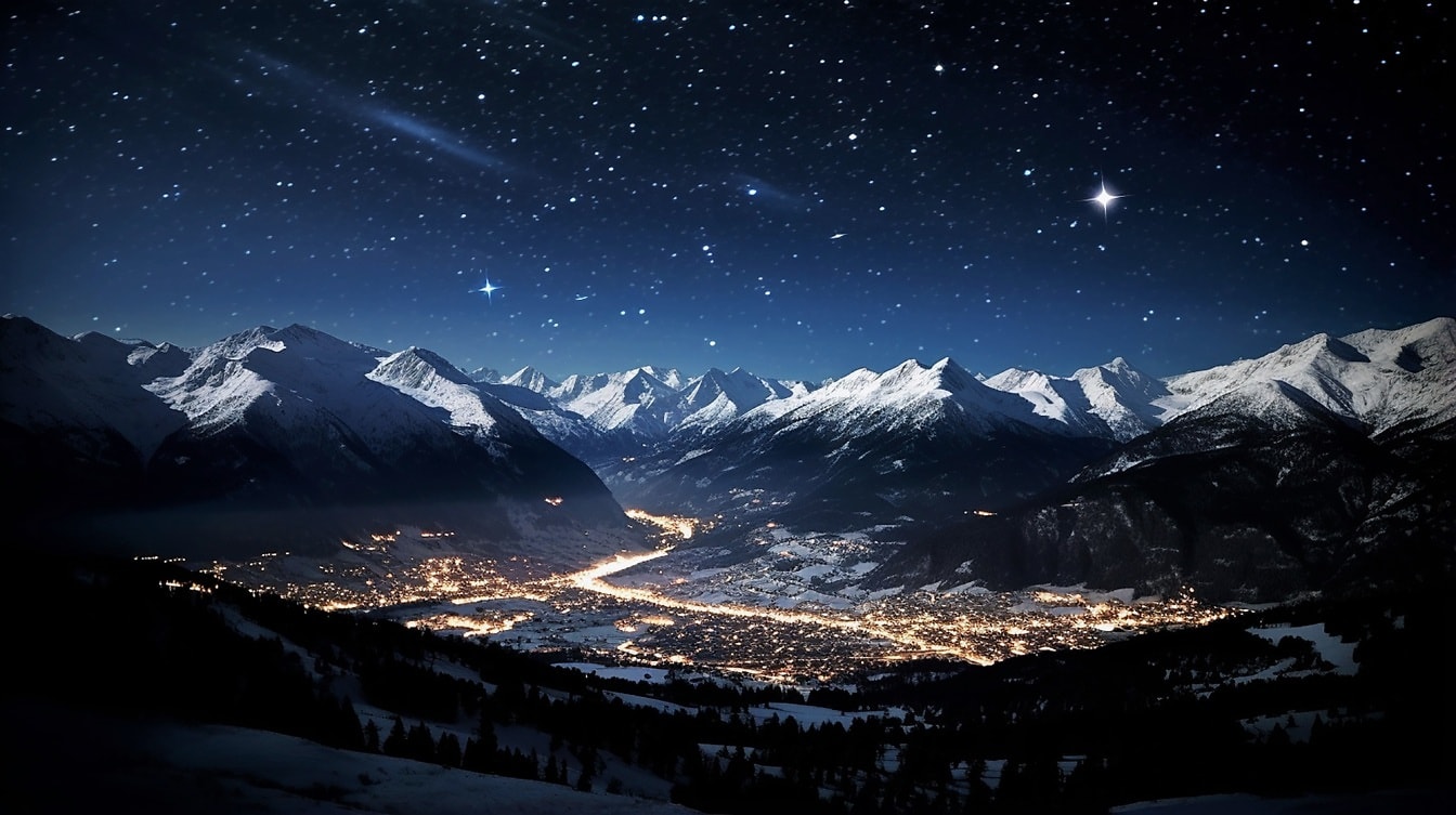 Panoraamanäkymä vuorenrinteelle yöllä