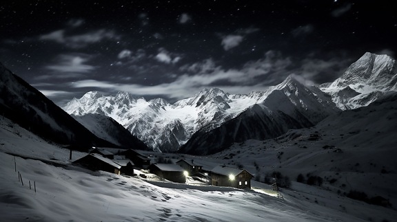 Ilustrácia domov v tmavej noci na úbočí hôr