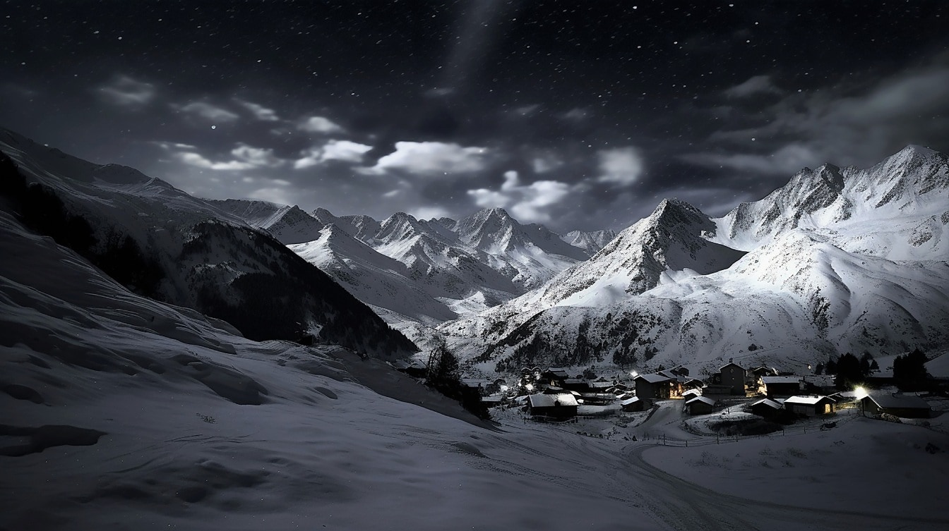 Yömaisemakuva lumisesta vuorenrinteestä yöllä