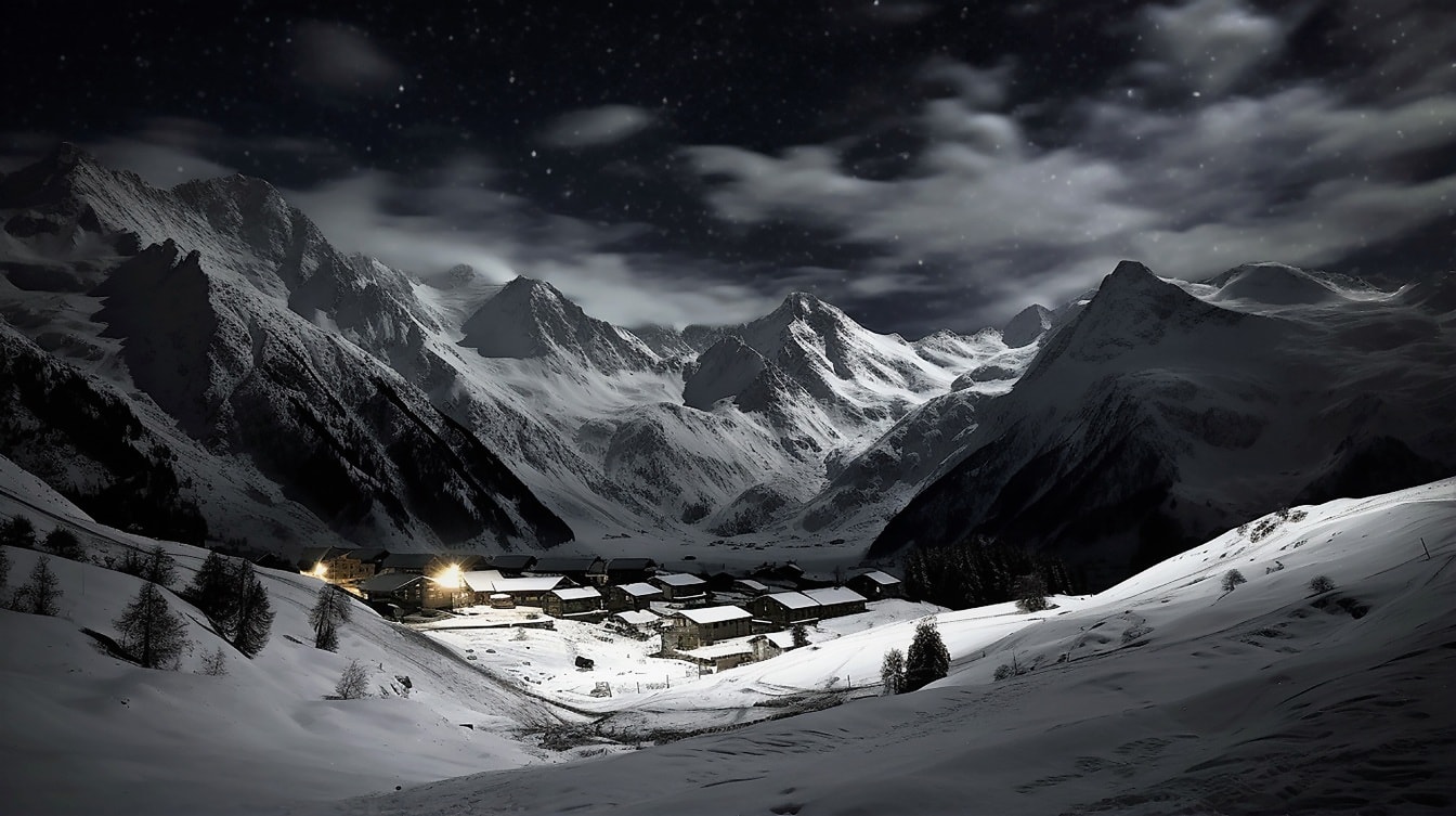 Χιονισμένο χωριό στην κοιλάδα του βουνού τη νύχτα