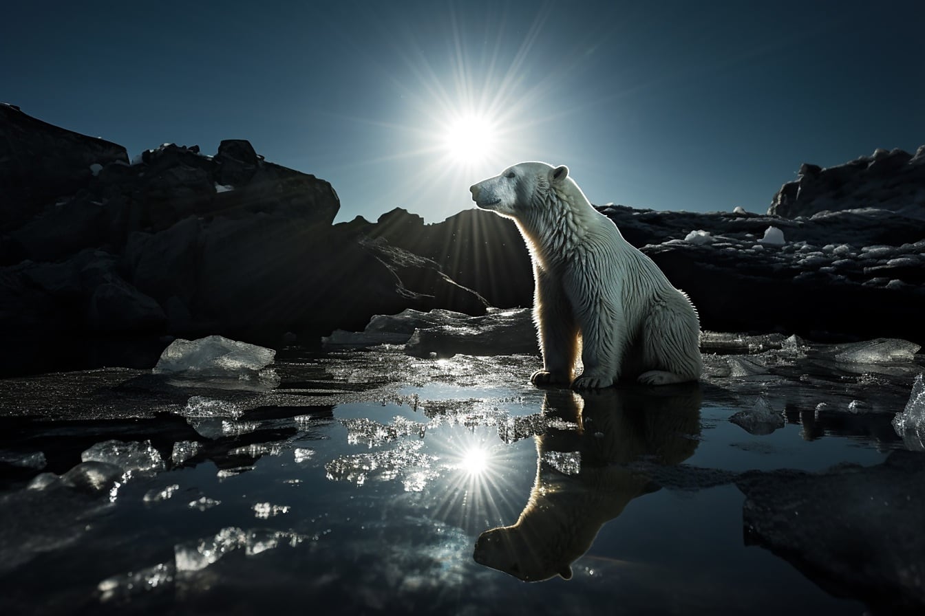 Biely medveď sediaci v studenej vode so slnečnými lúčmi v pozadí